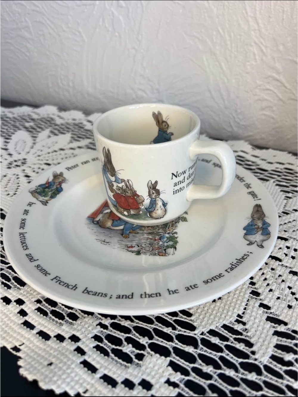 Vintage Peter Rabbit White Ceramic Cup & Plate Set with Illustrated Bunnies